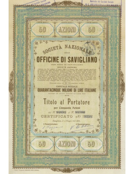 OFFICINE DI SAVIGLIANO - 50 AZIONI 1937