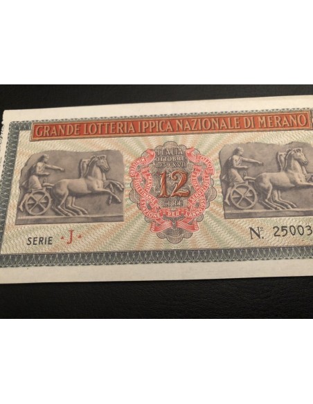 1939 GRANDE LOTTERIA IPPICA NAZIONALE IN MERANO LIRE 12 SERIE J N: 25003