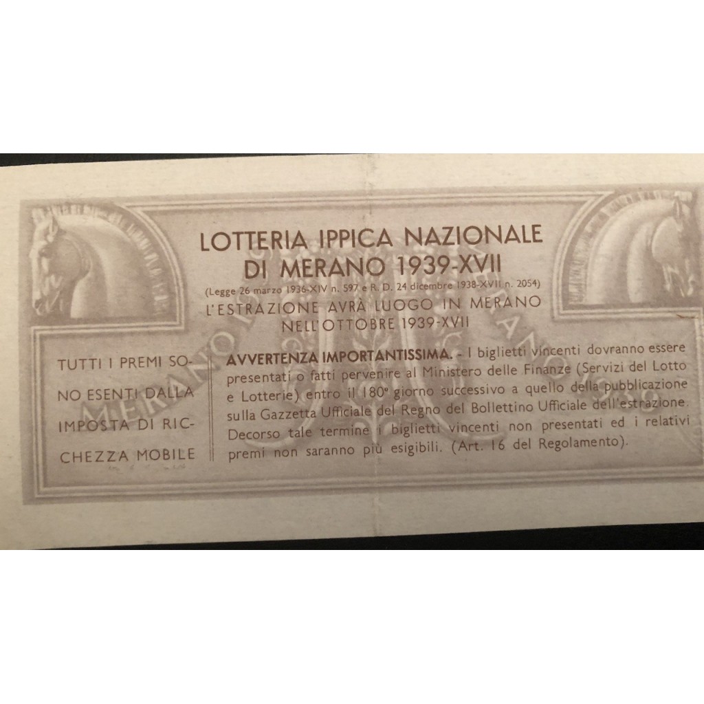 1939 GRANDE LOTTERIA IPPICA NAZIONALE IN MERANO...