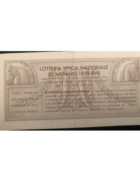 1939 GRANDE LOTTERIA IPPICA NAZIONALE IN MERANO LIRE 12 SERIE J N: 25003