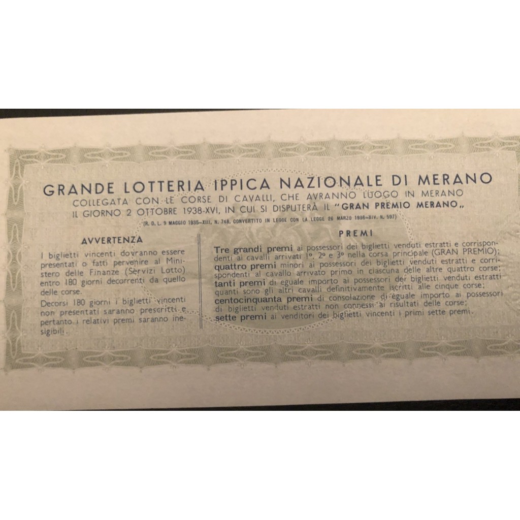 1938 GRANDE LOTTERIA IPPICA NAZIONALE IN MERANO...