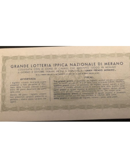 1938 GRANDE LOTTERIA IPPICA NAZIONALE IN MERANO LIRE 12 SERIE J N: 18817