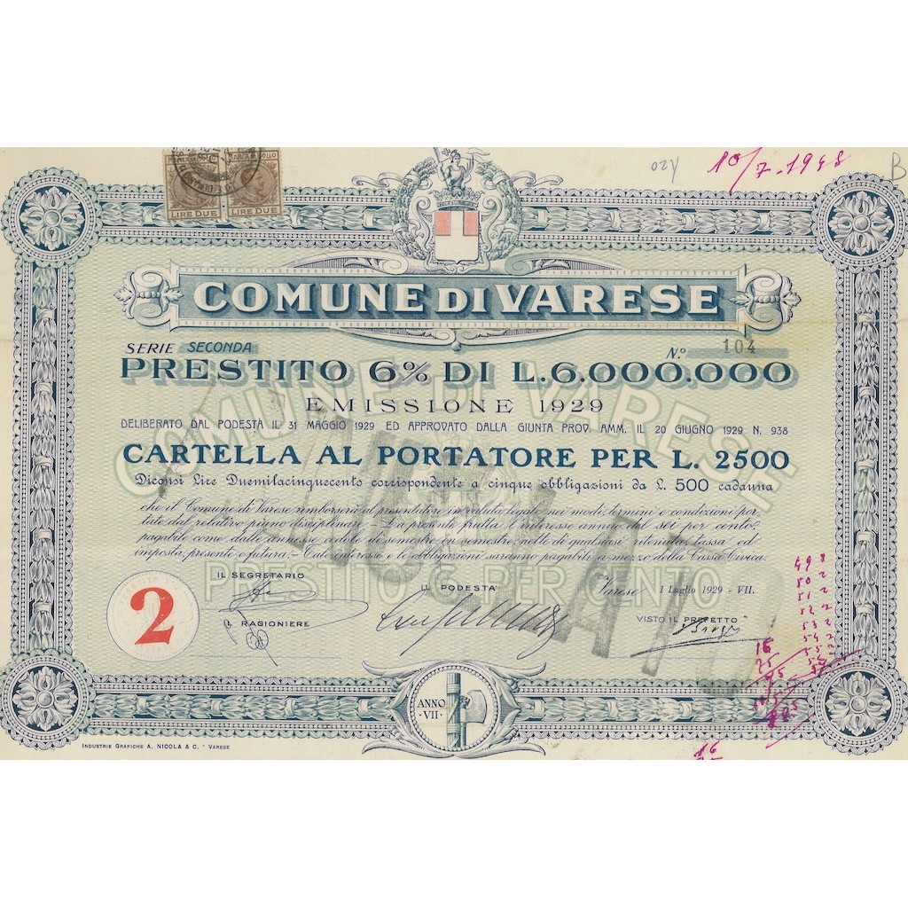 CITTA' DI VARESE - CARTELLA AL PORTATORE 2500 LIRE - 1929