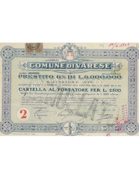 CITTA' DI VARESE - CARTELLA AL PORTATORE 2500 LIRE - 1929