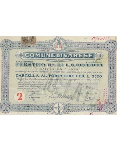 COMUNE DI VARESE - CARTELLA AL PORTATORE PER 2500 LIRE - 1929