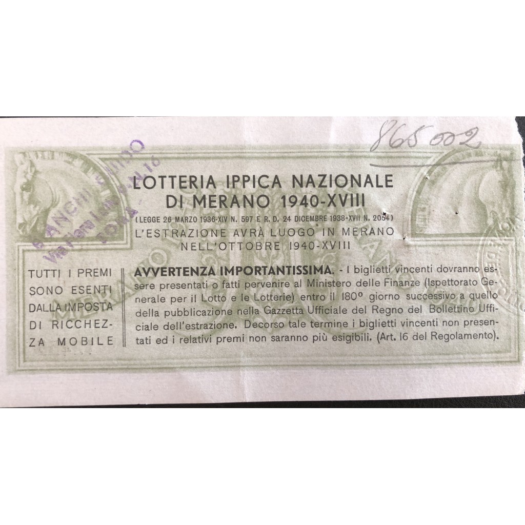 1940 GRANDE LOTTERIA IPPICA NAZIONALE IN MERANO...