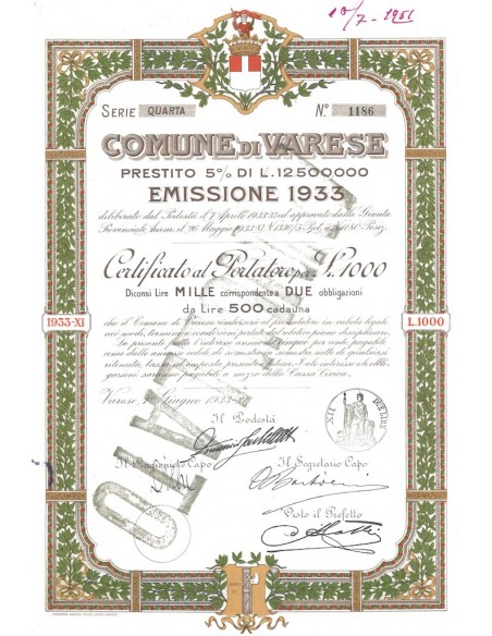 COMUNE DI VARESE - 2 OBBLIGAZIONI - 1933