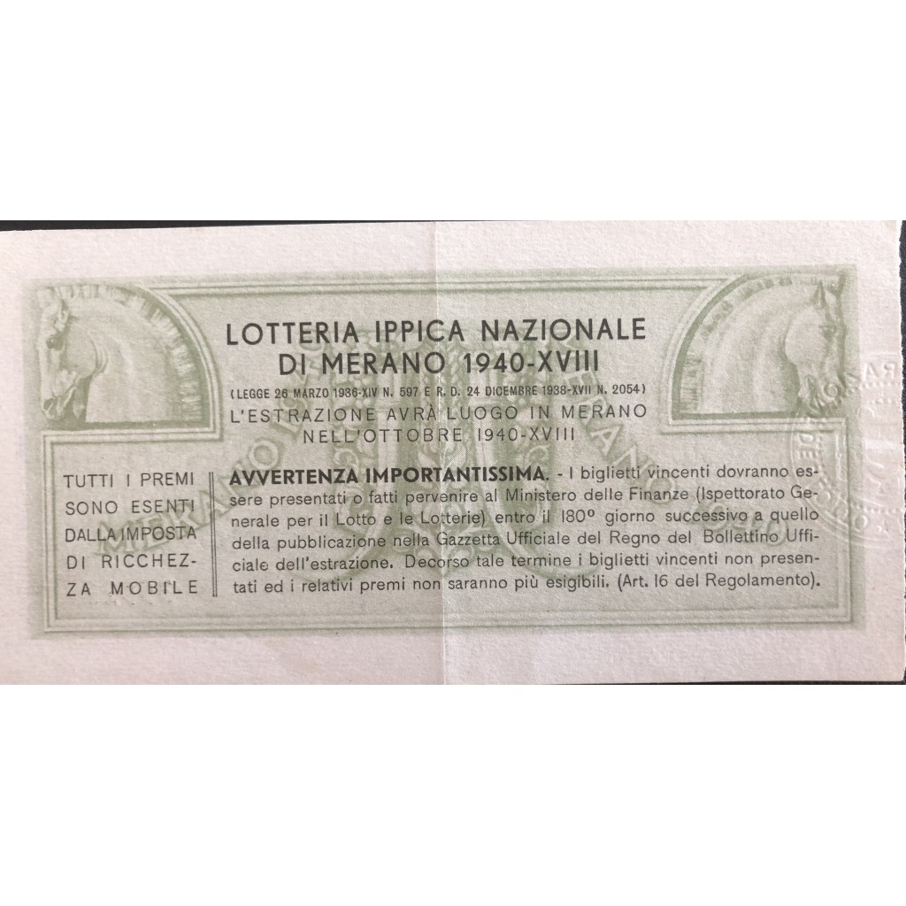 1940 GRANDE LOTTERIA IPPICA NAZIONALE IN MERANO...