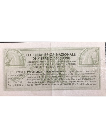 1940 GRANDE LOTTERIA IPPICA NAZIONALE IN MERANO LIRE 12 SERIE L N: 35522