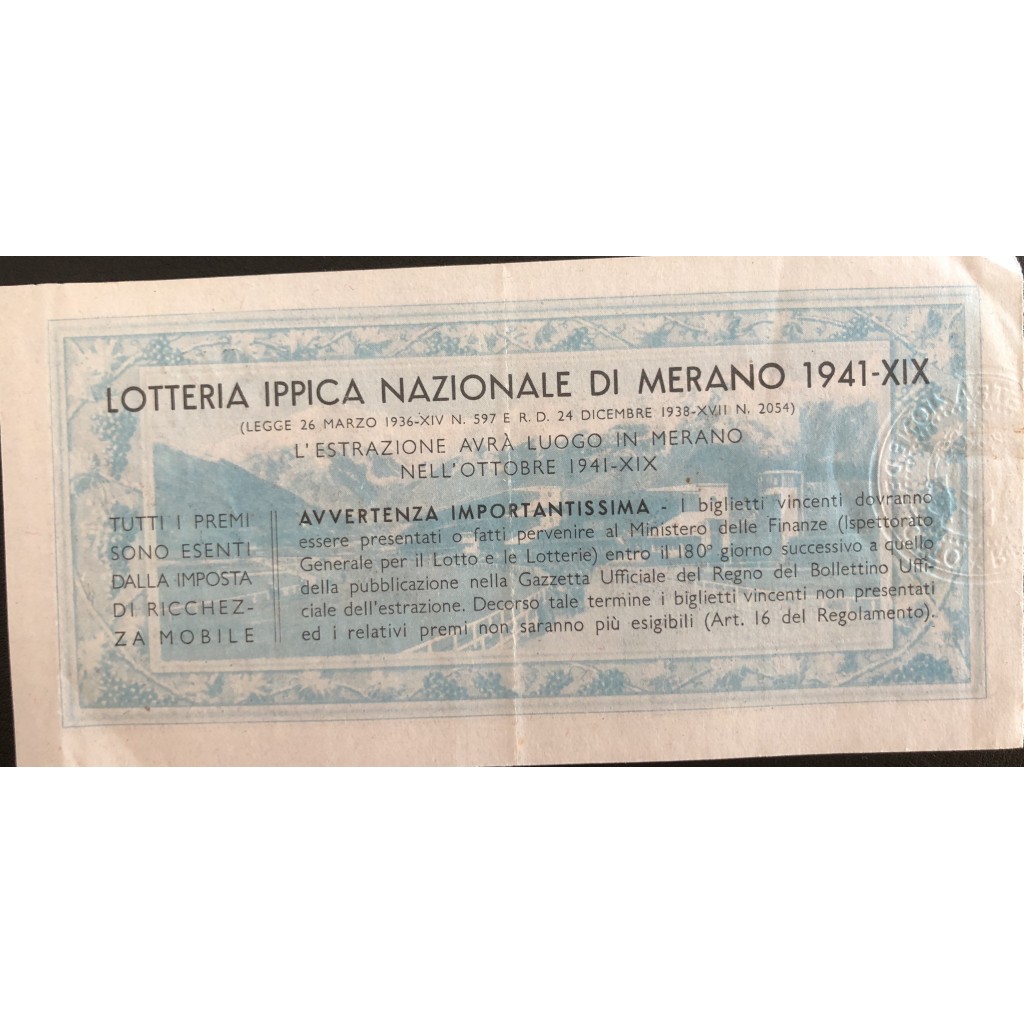 1941 GRANDE LOTTERIA IPPICA NAZIONALE IN MERANO...
