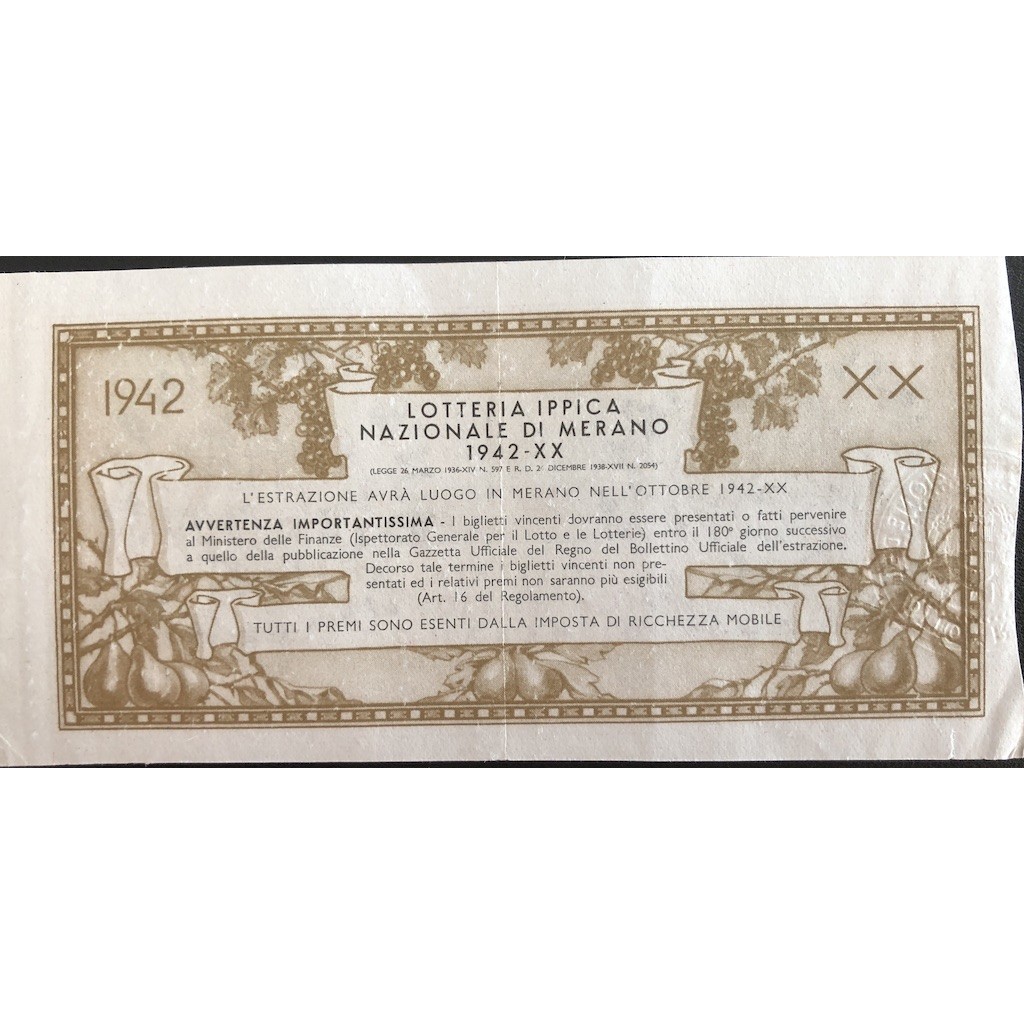 1942 GRANDE LOTTERIA IPPICA NAZIONALE IN MERANO...