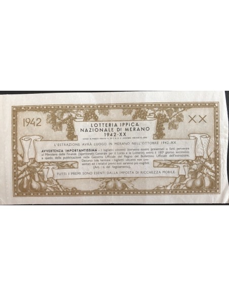 1942 GRANDE LOTTERIA IPPICA NAZIONALE IN MERANO LIRE 12 SERIE P N: 66812