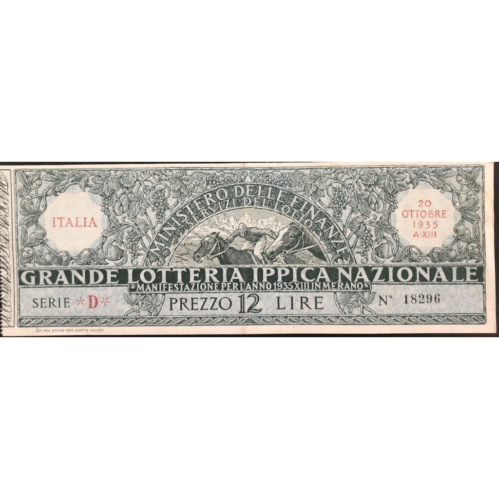 1935 GRANDE LOTTERIA IPPICA NAZIONALE MERANO...