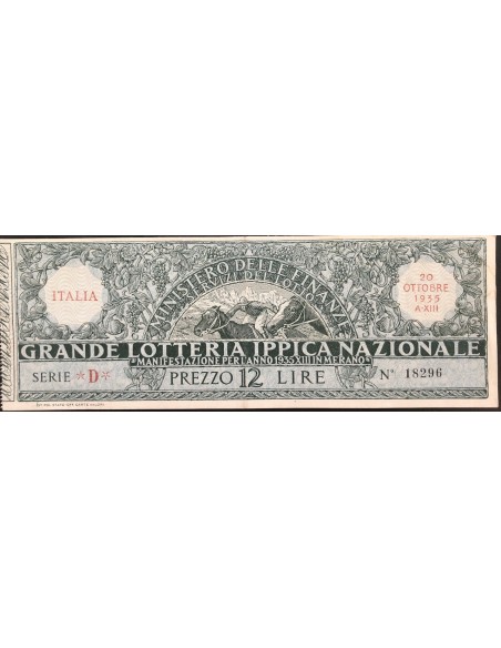 1935 GRANDE LOTTERIA IPPICA NAZIONALE MERANO LIRE 12 SERIE D N: 18296