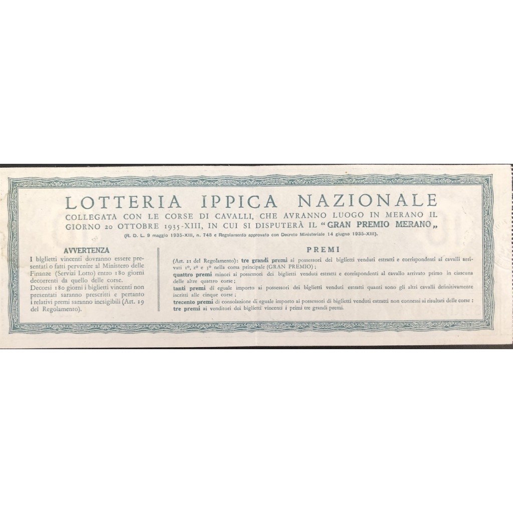 1935 GRANDE LOTTERIA IPPICA NAZIONALE MERANO...