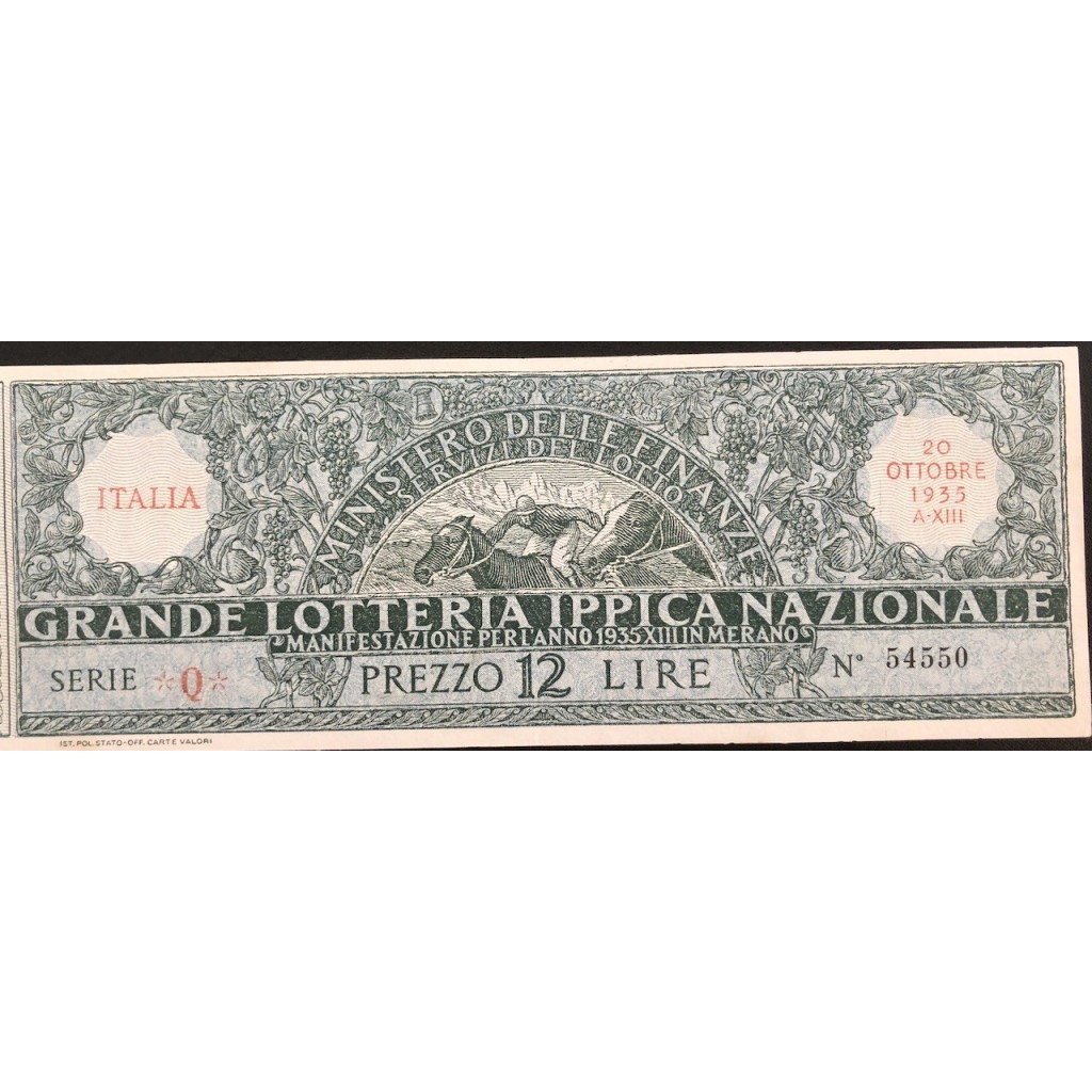 1935 GRANDE LOTTERIA IPPICA NAZIONALE MERANO LIRE 12 SERIE Q N: 54550