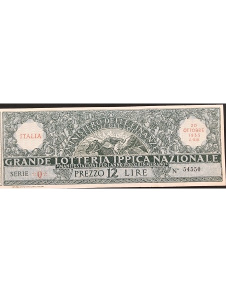 1935 GRANDE LOTTERIA IPPICA NAZIONALE MERANO LIRE 12 SERIE Q N: 54550