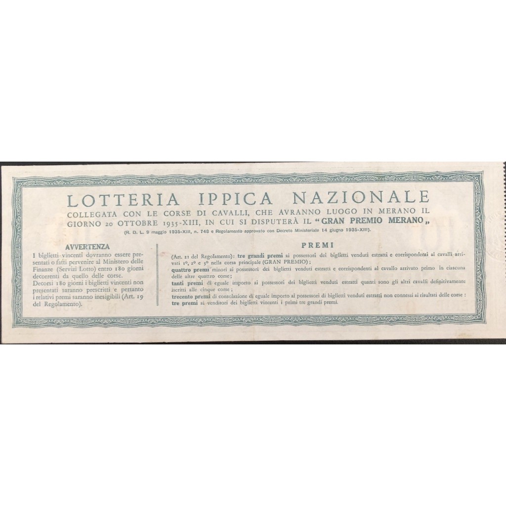 1935 GRANDE LOTTERIA IPPICA NAZIONALE MERANO...