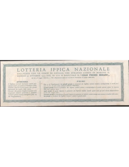 1935 GRANDE LOTTERIA IPPICA NAZIONALE MERANO LIRE 12 SERIE Q N: 54550