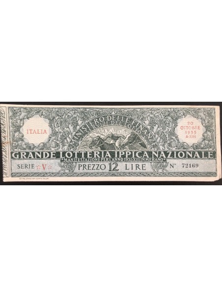 1935 GRANDE LOTTERIA IPPICA NAZIONALE MERANO LIRE 12 SERIE V N: 72169