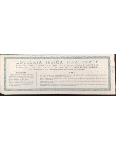 1935 GRANDE LOTTERIA IPPICA NAZIONALE MERANO LIRE 12 SERIE V N: 72169