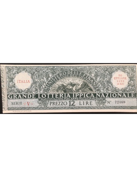 1935 GRANDE LOTTERIA IPPICA NAZIONALE MERANO LIRE 12 SERIE V N: 72168