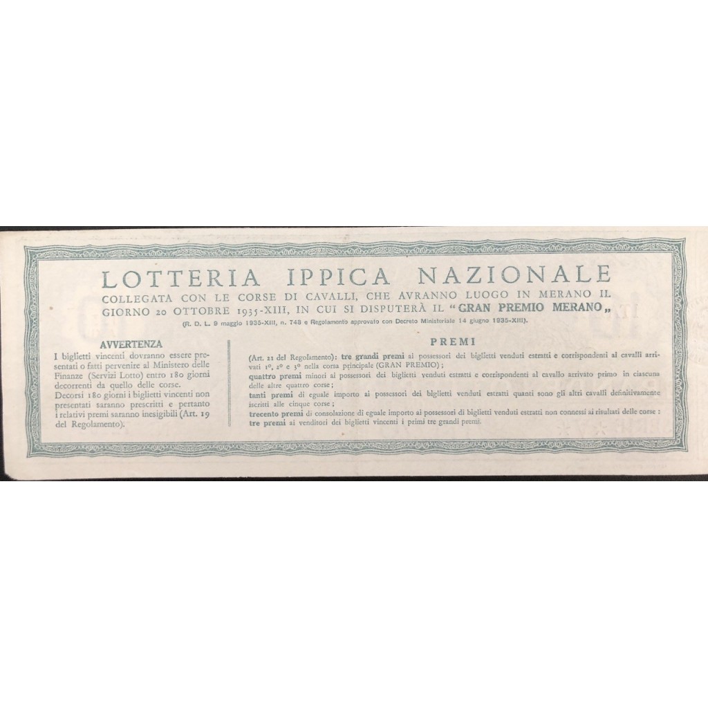 1935 GRANDE LOTTERIA IPPICA NAZIONALE MERANO...