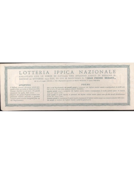 1935 GRANDE LOTTERIA IPPICA NAZIONALE MERANO LIRE 12 SERIE V N: 72168