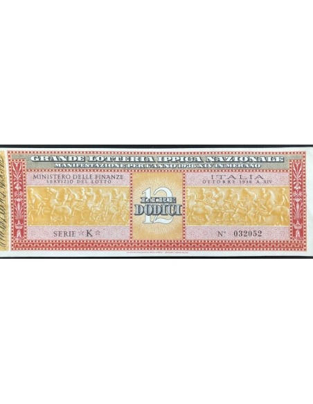 1936 GRANDE LOTTERIA IPPICA NAZIONALE MERANO LIRE 12 SERIE K N: 032052