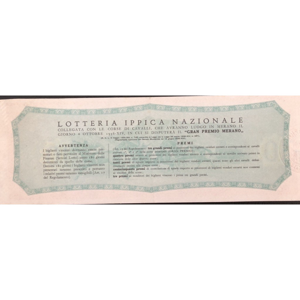 1936 GRANDE LOTTERIA IPPICA NAZIONALE MERANO...