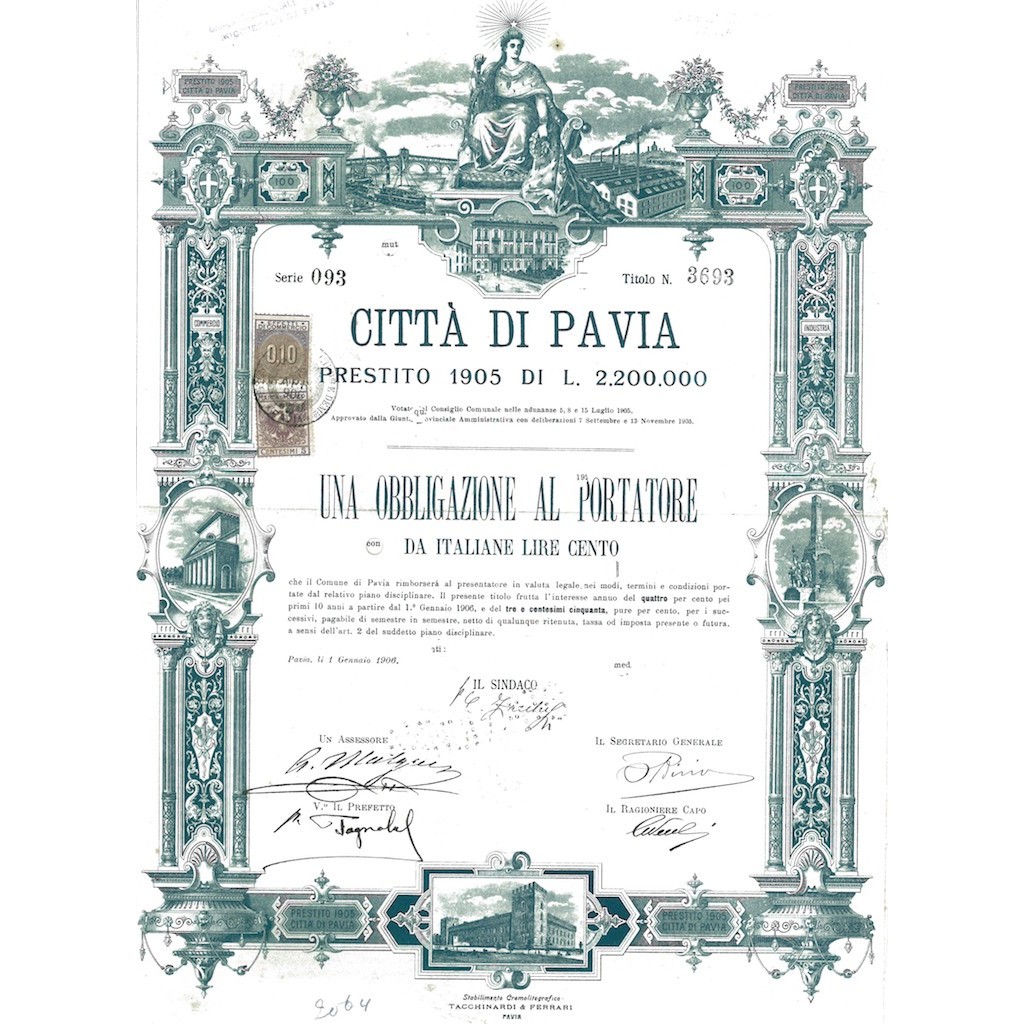 CITTA' DI PAVIA - 1 OBBLIGAZIONE 1906