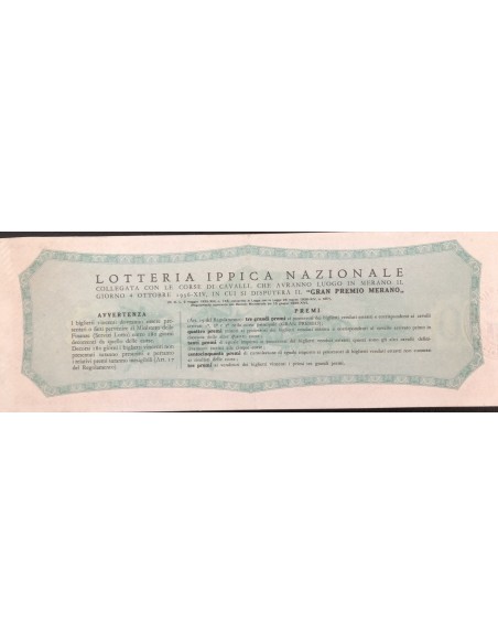 1936 GRANDE LOTTERIA IPPICA NAZIONALE MERANO LIRE 12 SERIE K N: 032051