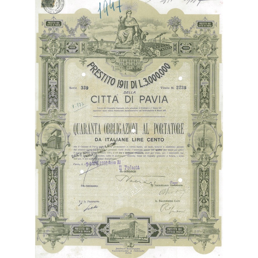 CITTA' DI PAVIA - 40 OBBLIGAZIONI 1933