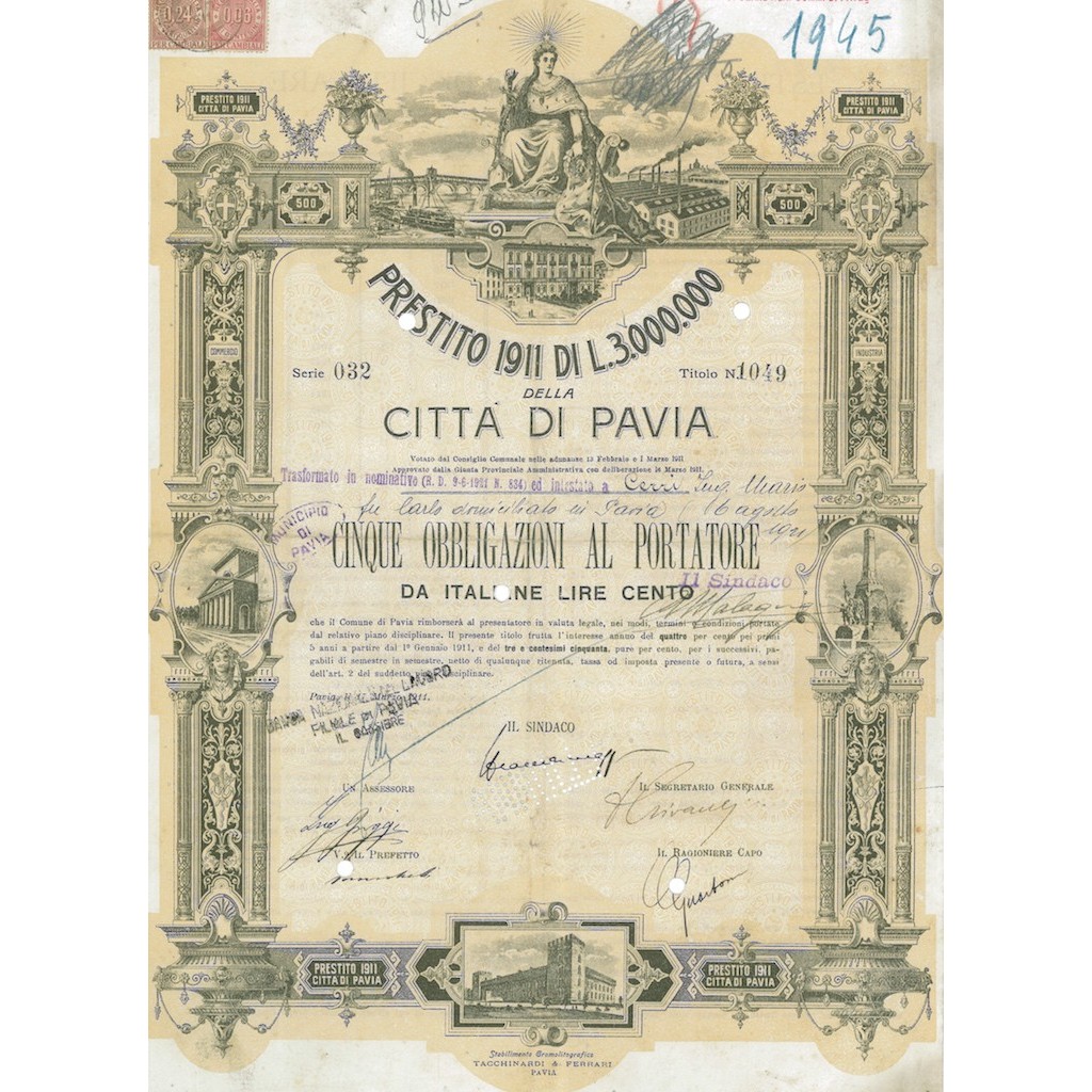 CITTA' DI PAVIA - 5 OBBLIGAZIONI 1911