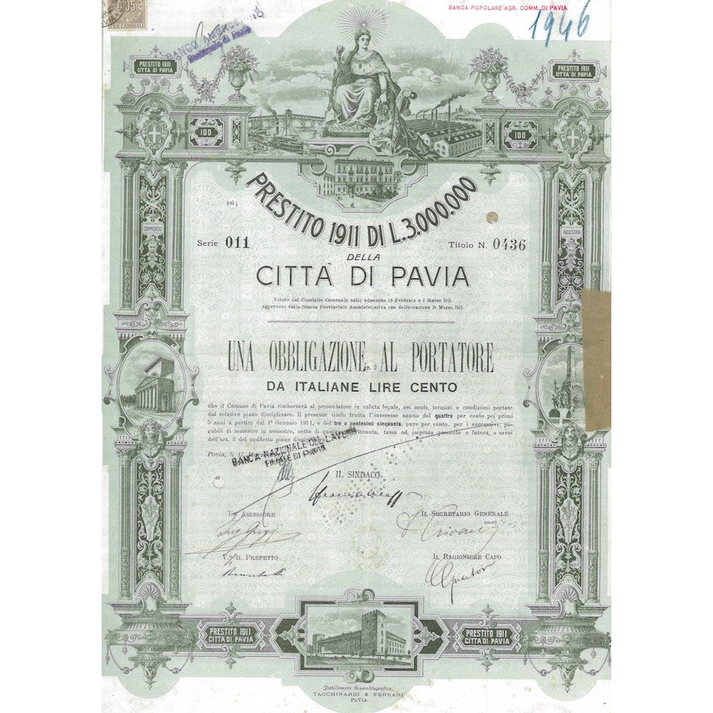 CITTA' DI PAVIA - 1 OBBLIGAZIONE 1911