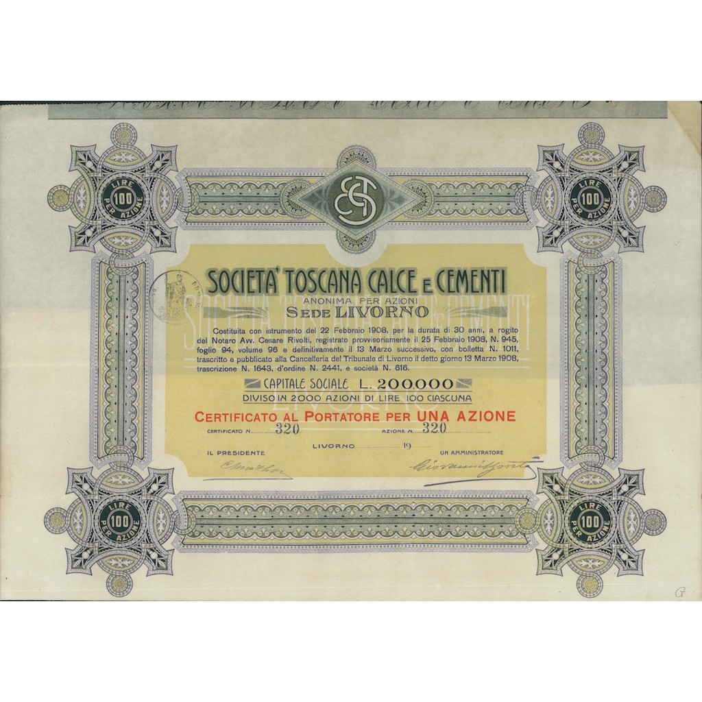 SOC. TOSCANA CALCE E CEMENTI - 1 AZIONE LIVORNO 1908