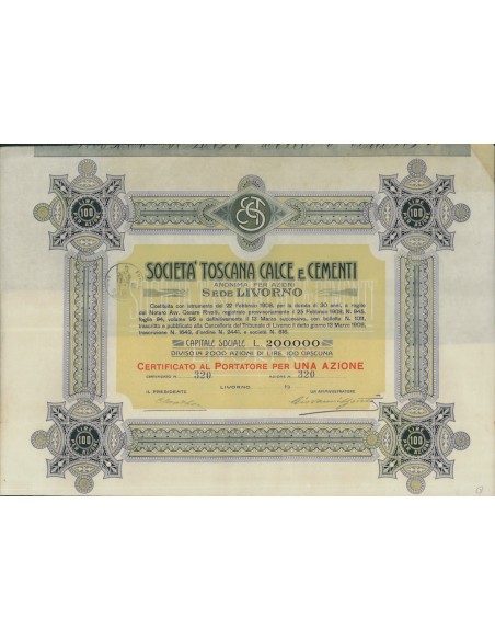 SOC. TOSCANA CALCE E CEMENTI - 1 AZIONE LIVORNO 1908