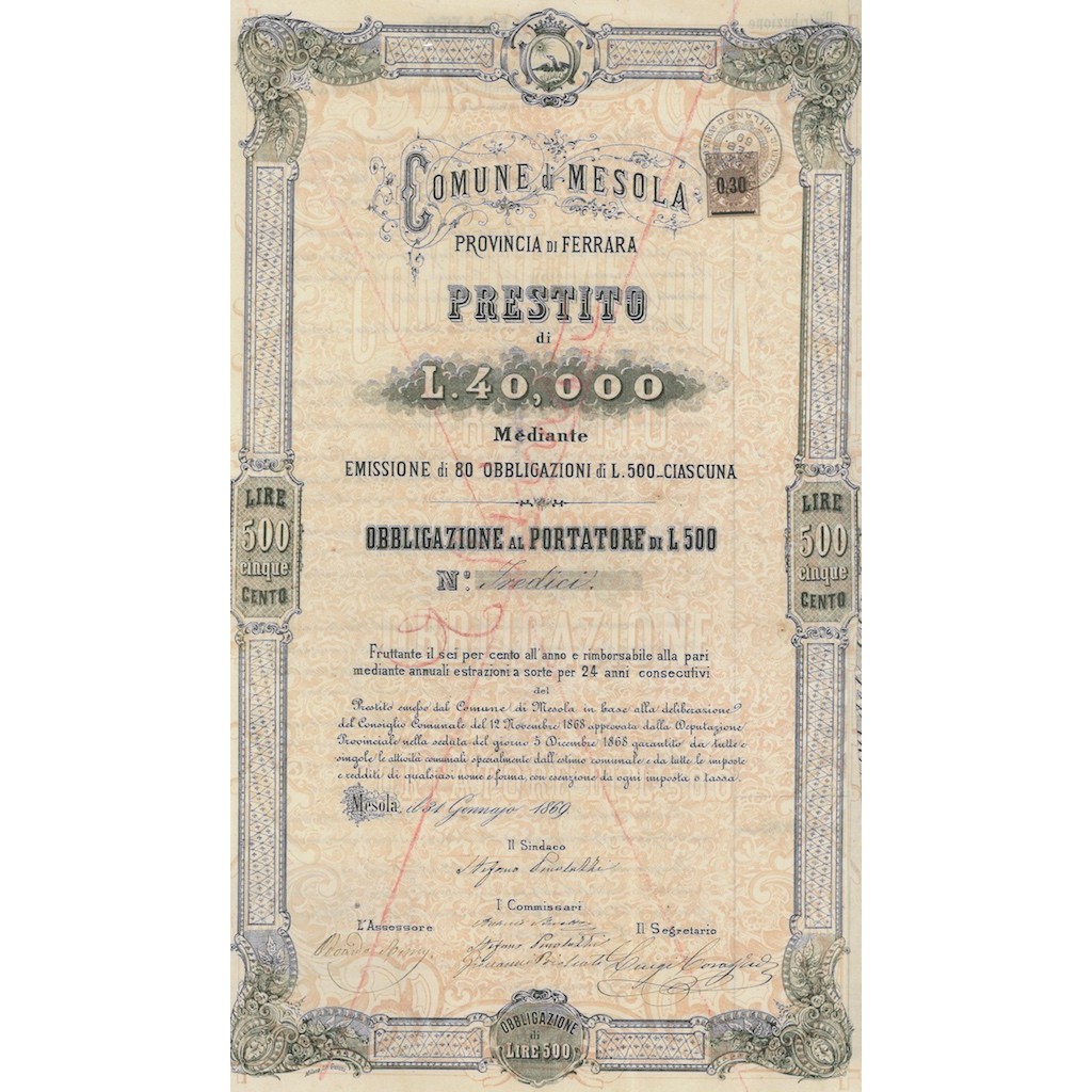 COMUNE DI MESOLA - 1 OBBLIGAZIONE 1869
