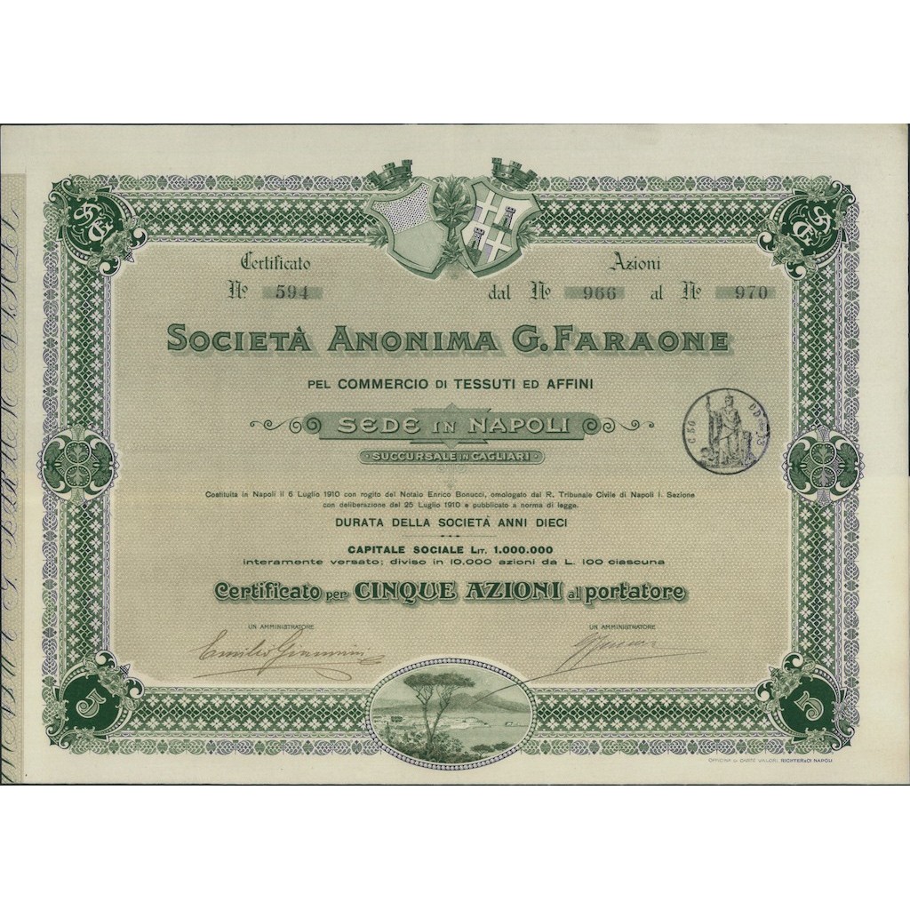 SOC. ANONIMA G. FARAONE - 5 AZIONI NAPOLI 1910