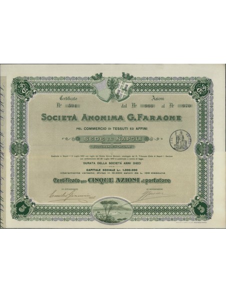 SOC. ANONIMA G. FARAONE - 5 AZIONI NAPOLI 1910