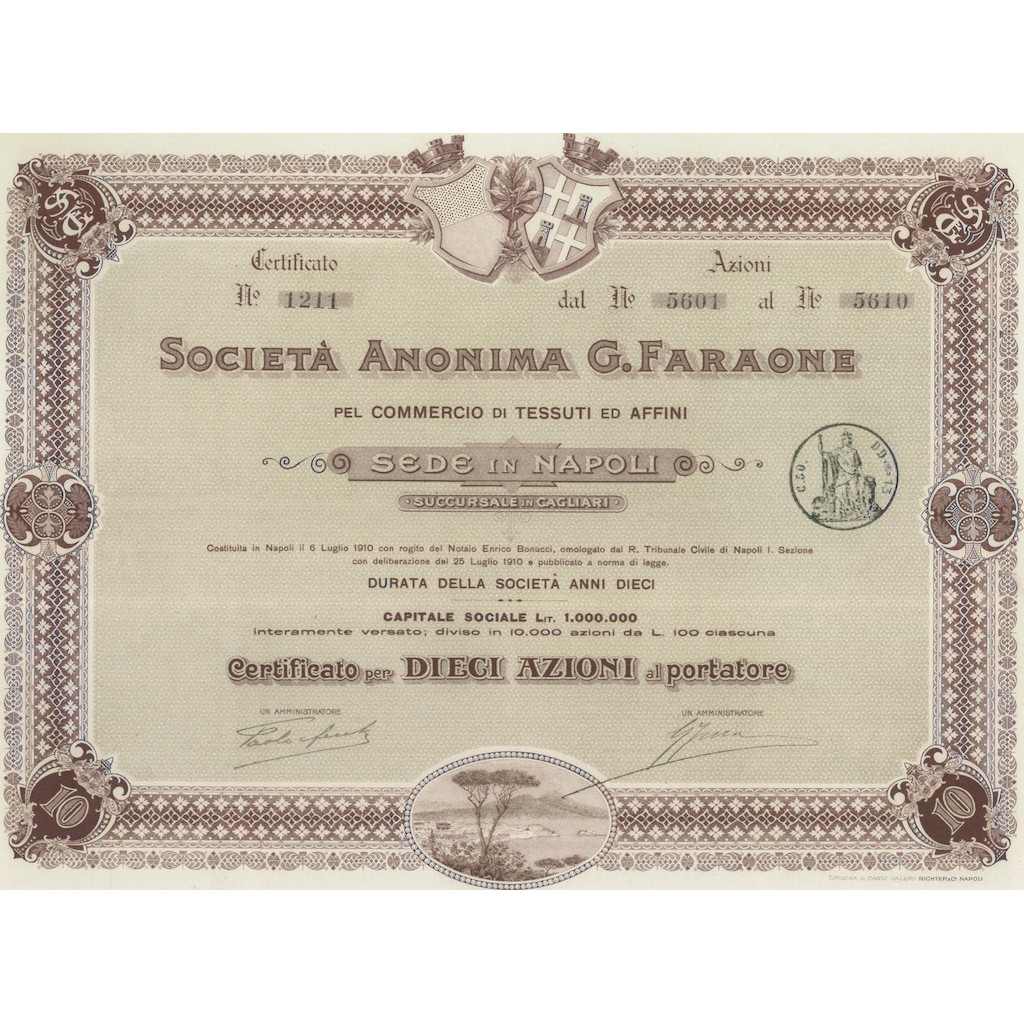 SOC. ANONIMA G. FARAONE - 10 AZIONI NAPOLI 1910