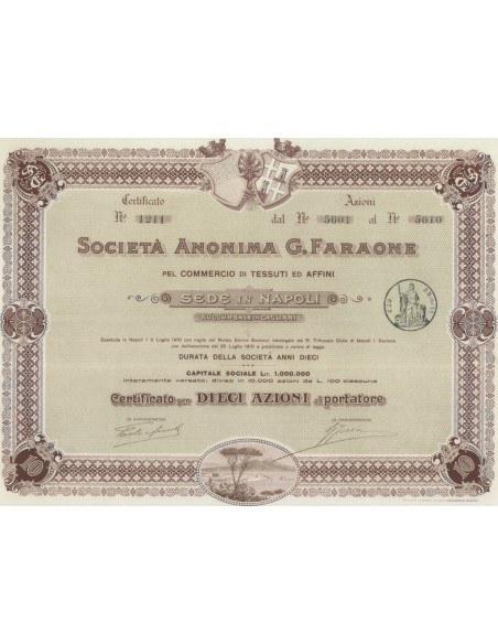SOC. ANONIMA G. FARAONE - 10 AZIONI NAPOLI 1910