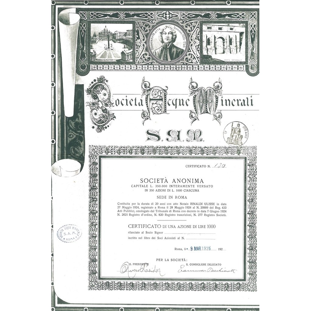 SAM SOCIETA' ACQUE MINERALI - 1 AZIONE ROMA 1926