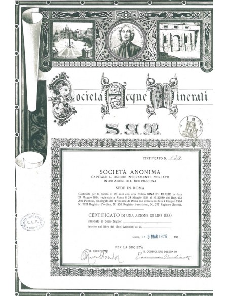 SAM SOCIETA' ACQUE MINERALI - 1 AZIONE ROMA 1926