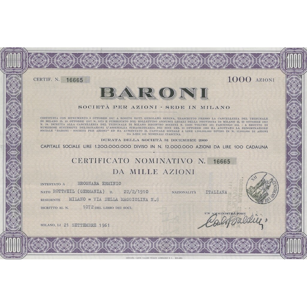 BARONI - 1000 AZIONI MILANO 1961