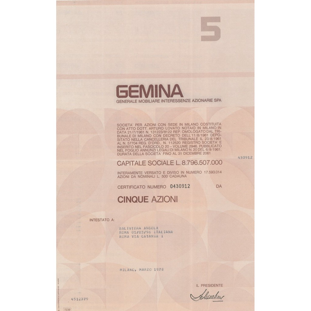 GEMINA - 5 AZIONI MILANO 1978