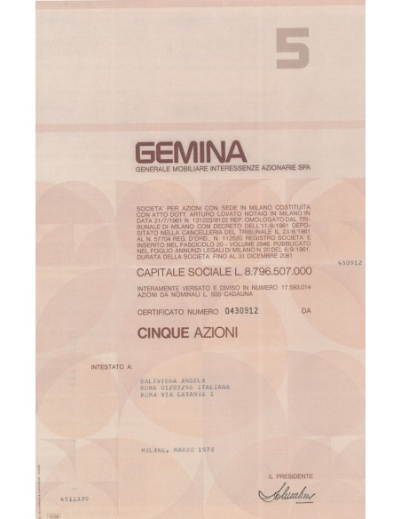 GEMINA - 5 AZIONI MILANO 1978