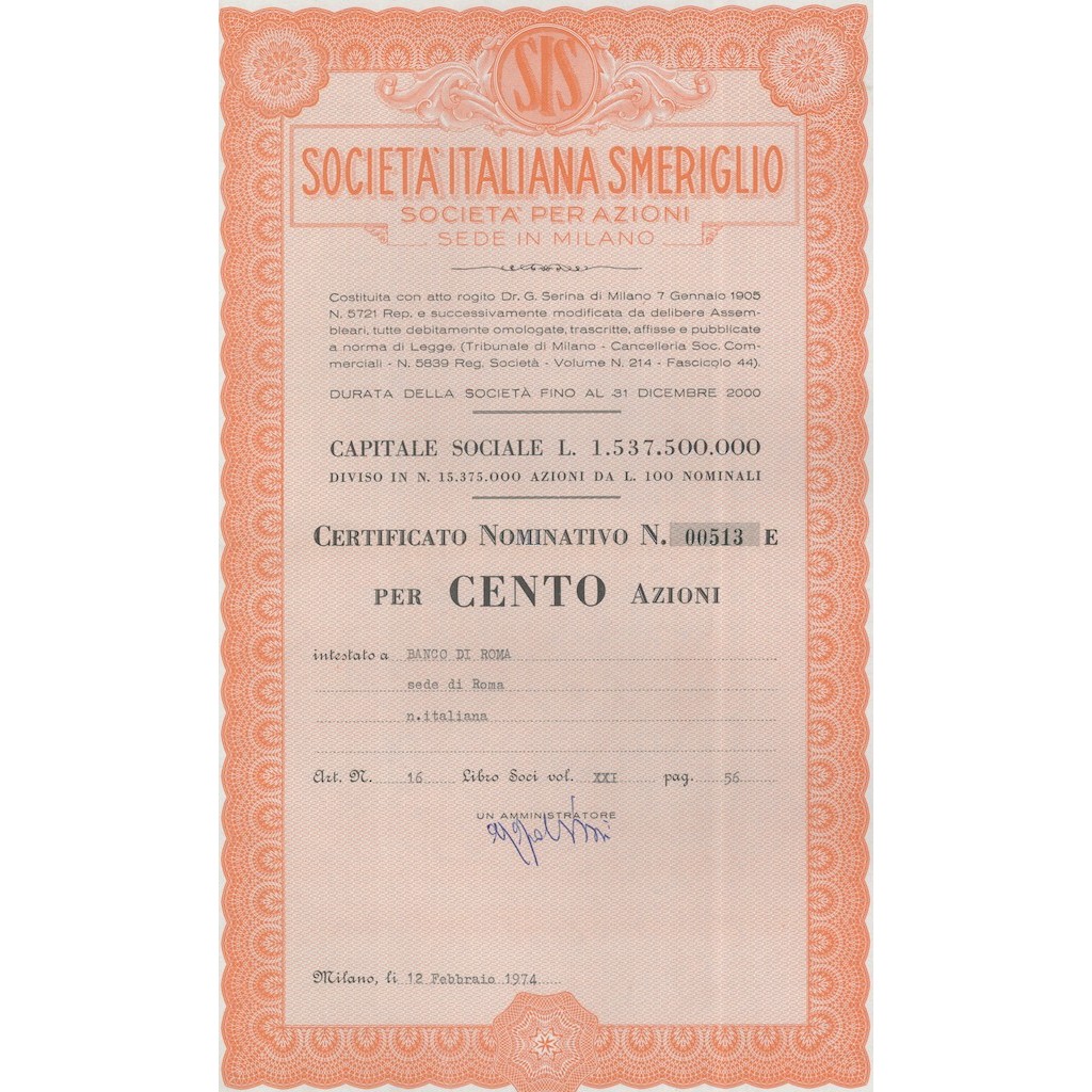 SOC. ITALIANA SMERIGLIO - 100 AZIONI MILANO 1974