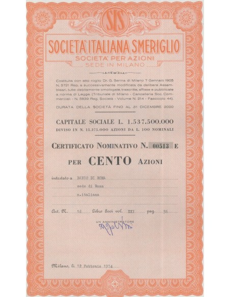 SOC. ITALIANA SMERIGLIO - 100 AZIONI MILANO 1974