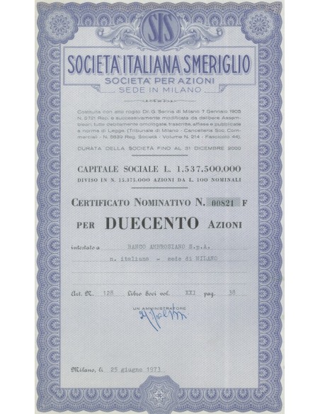SOC. ITALIANA SMERIGLIO - 200 AZIONI MILAN 1973